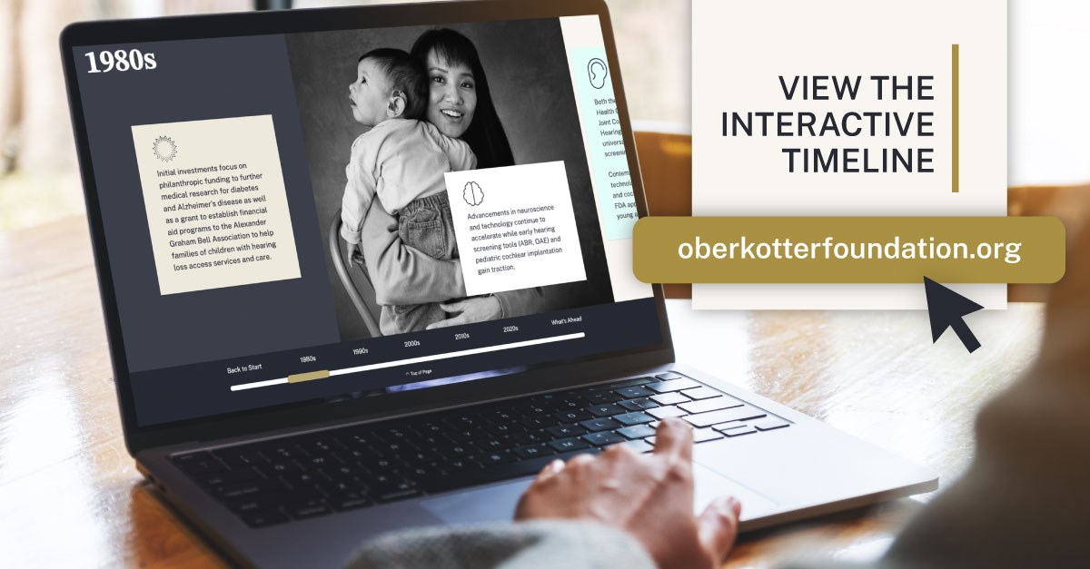 Graphic of an interactive timeline. Timeline content appears next to black and white photo of a mother and baby.
